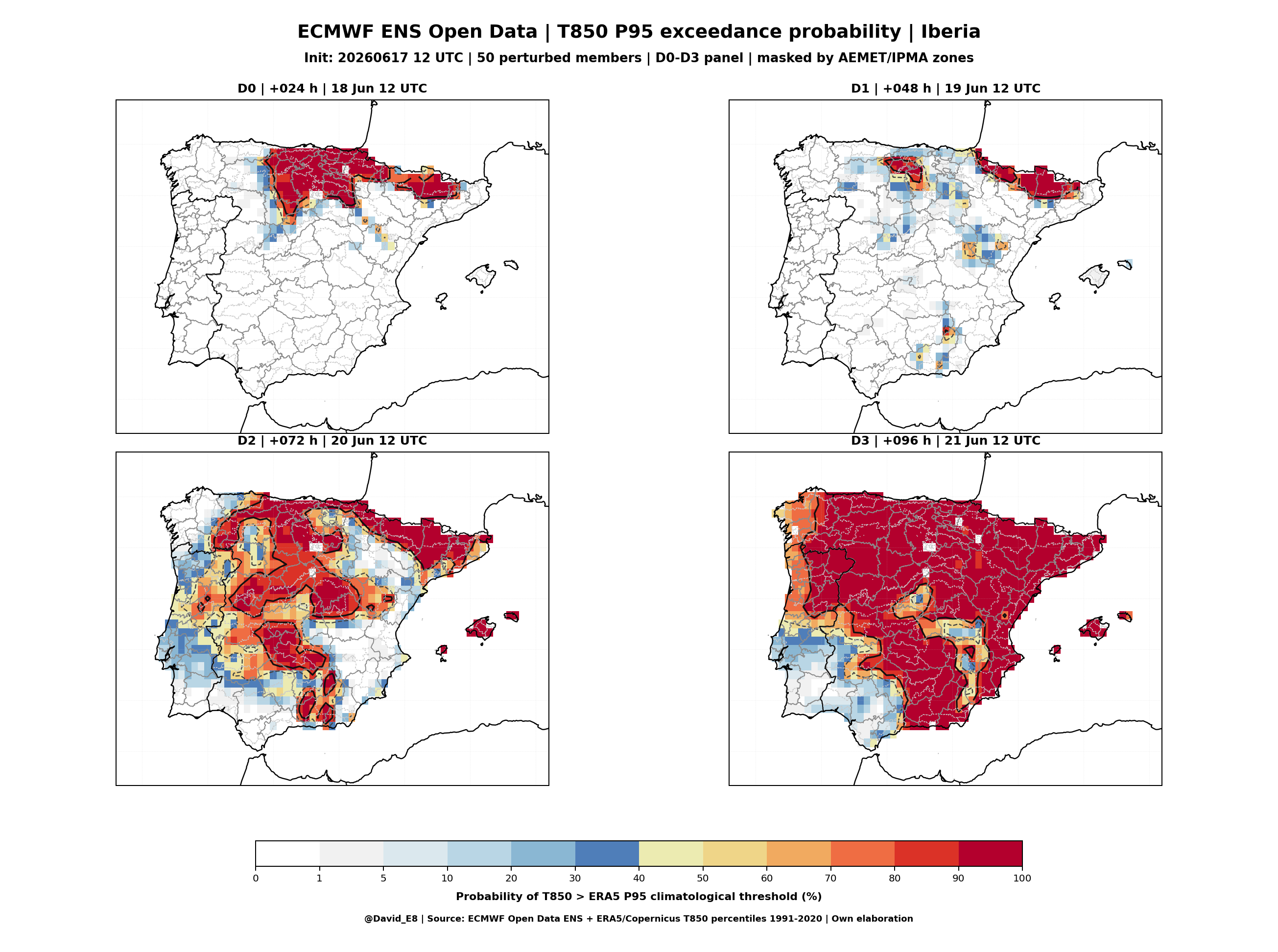 ECMWF ENS panel probabilidad T850 superior a P95 D0-D3