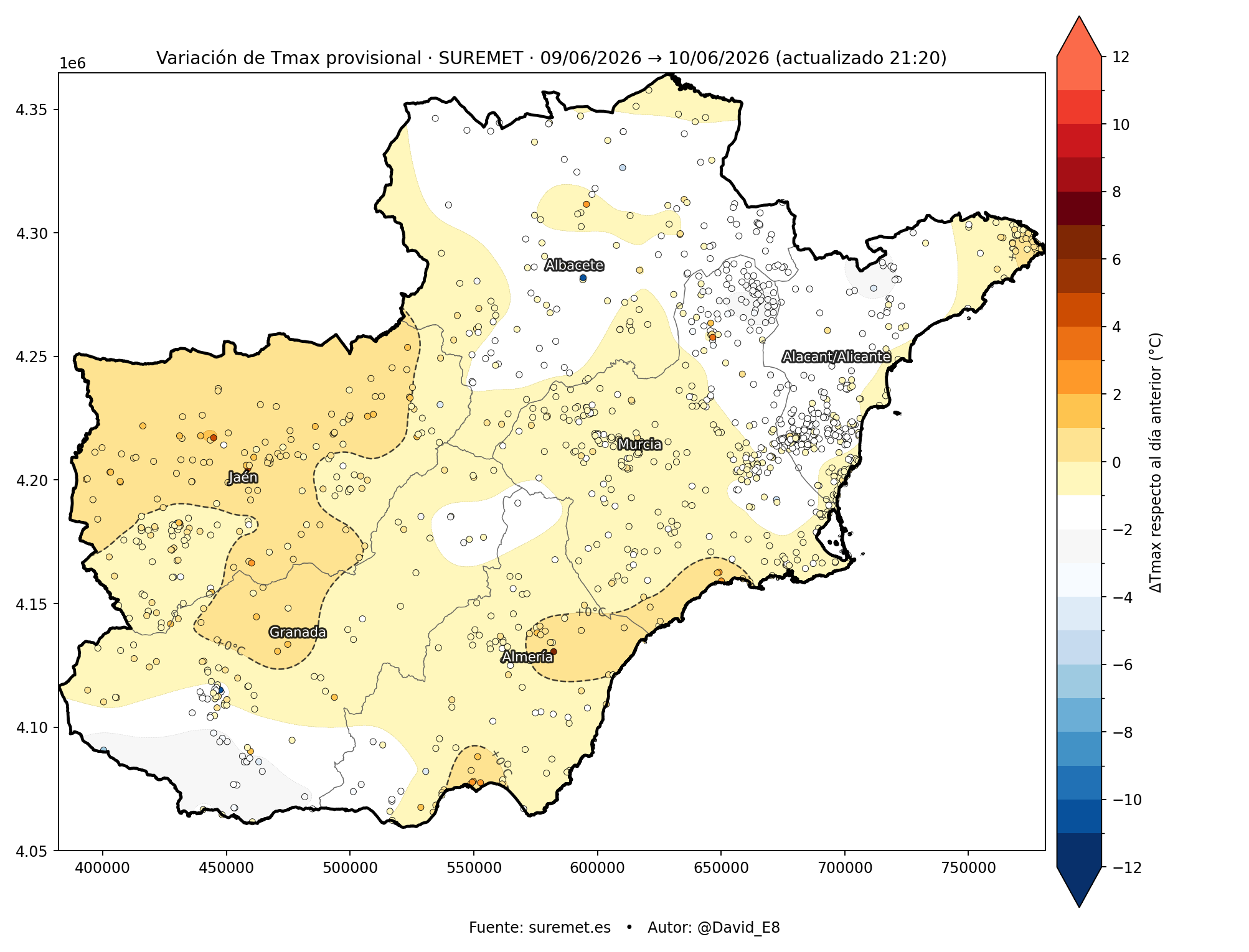 Variación de Tmax respecto al día anterior SUREMET sureste