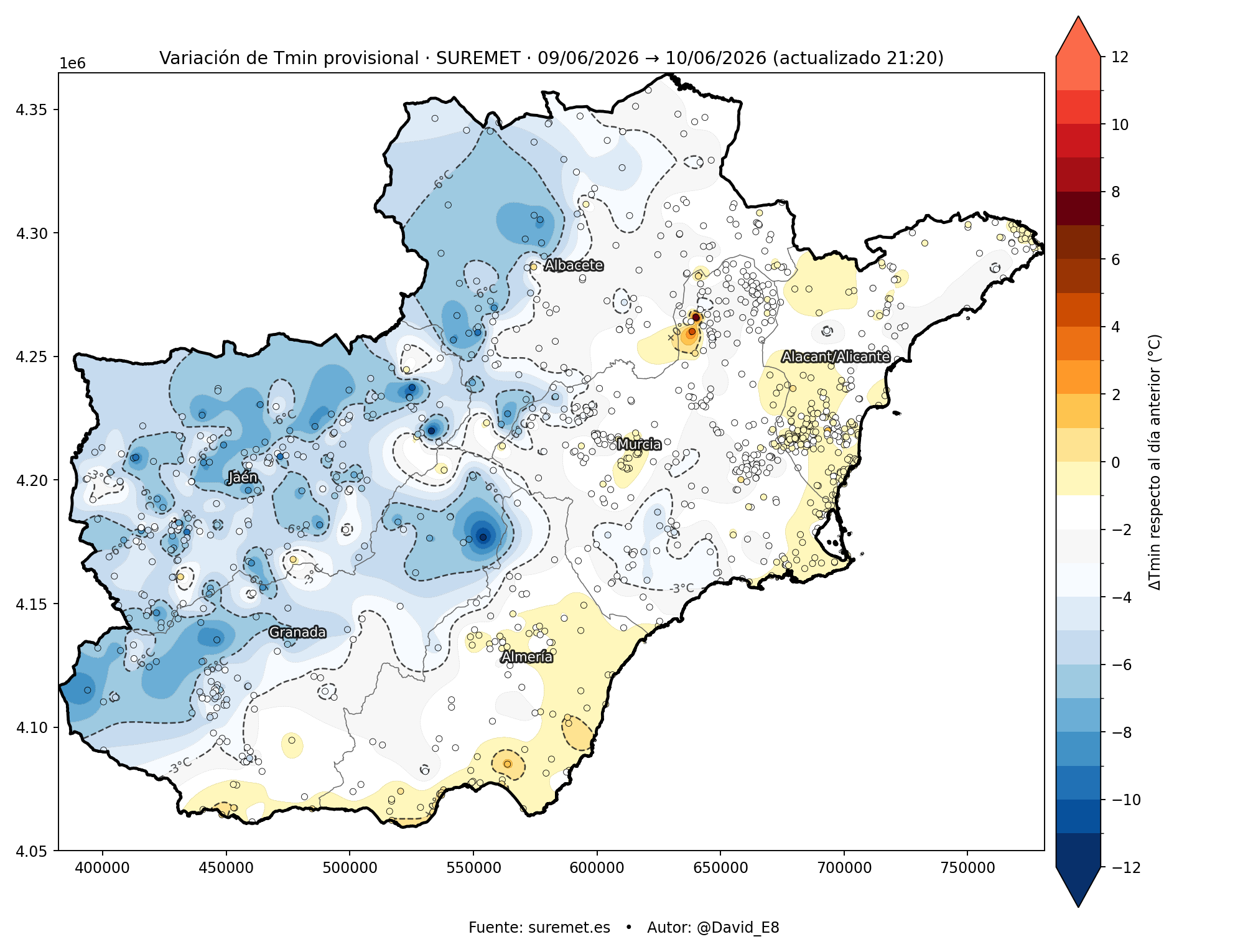Variación de Tmin respecto al día anterior SUREMET sureste