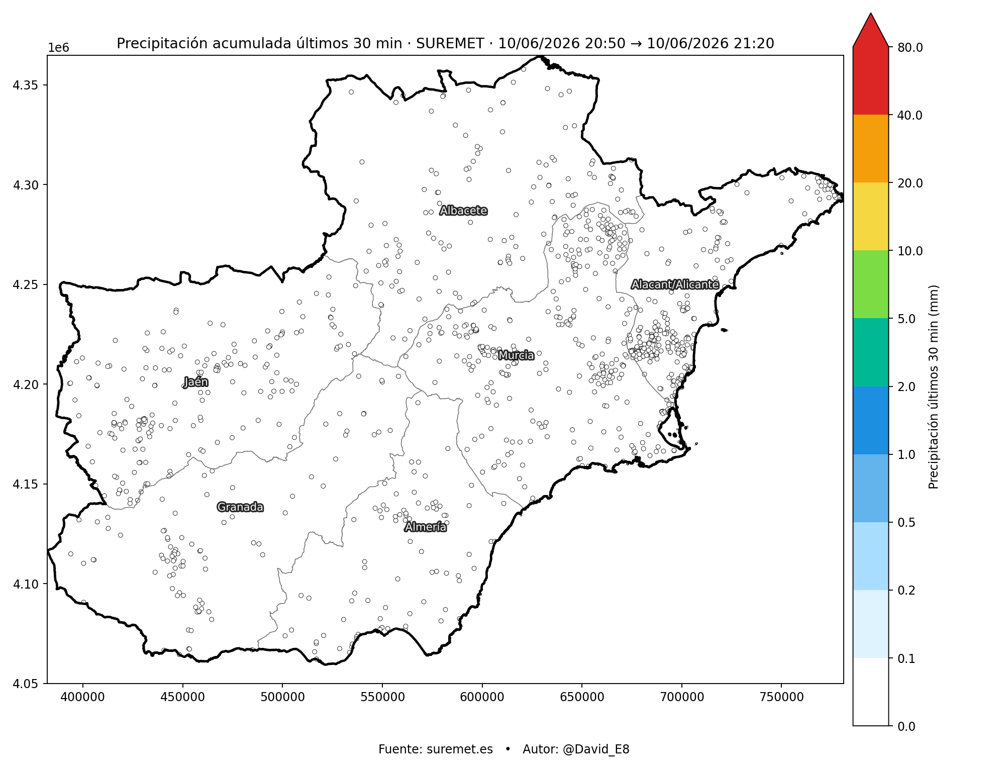 Precipitación últimos 30 minutos SUREMET sureste